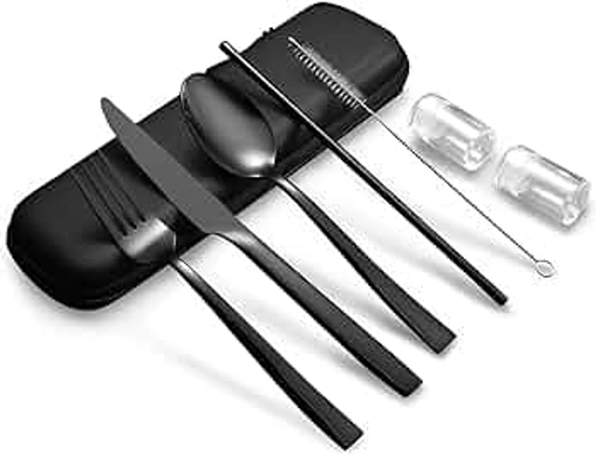 Grehge e Travel Utensils with Case, Black Stainless Steel Reusable Silverware Set for Lunch Work School Camping Picnic, Durable Travel Cutlery Set Include Fork Spoon Knife for On-the-Go Dining