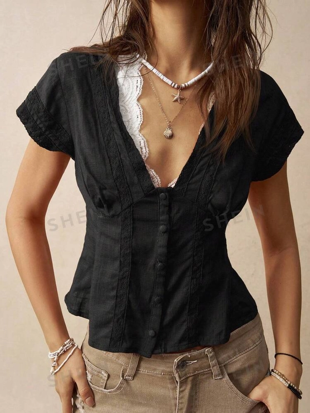 Bohemela Lace Patchwork Vacation Shirt For Women