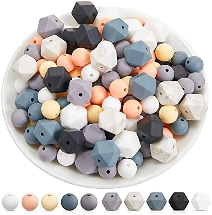 150 Pieces Silicone Beads DIY Necklace Bracelet Beads Set 100 Pieces 12 mm Round Silicone Beads and 50 Pieces Polygonal Silicone Beads for Nursing Necklace Accessories Handmade Crafts Bracelet Jewelry