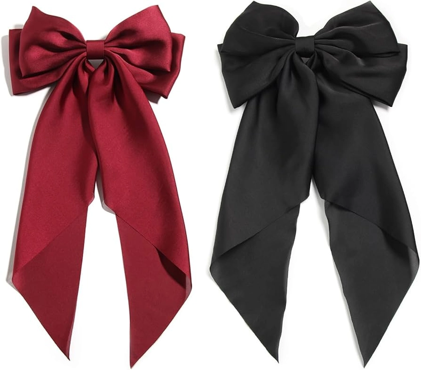 Black Hair Bow Barrette Clips for Women,Burgundy Red Bows Hairpin Long Satin Tail,Large Bows for Girls Hair Barrettes Girly Accessories 2 Pack