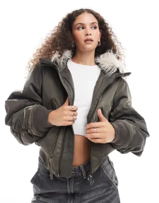 Weekday Gem bomber coat with contrast faux fur hood in dark grey | ASOS