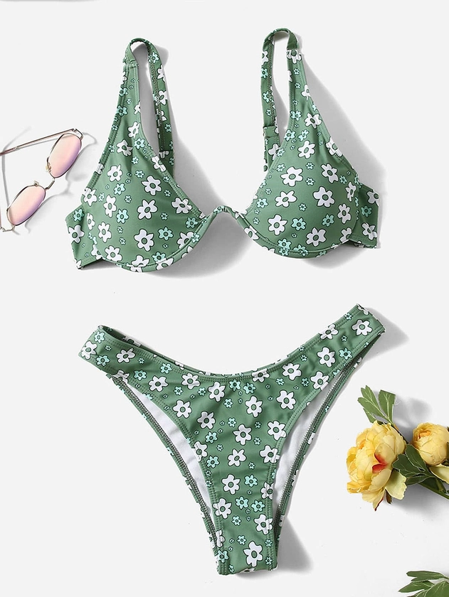 Painting Ditsy Floral Print Bikini Sets, Underwire Push Up High Cut Green Color Two Pieces Swimsuit, Women's Swimwear & Clothing