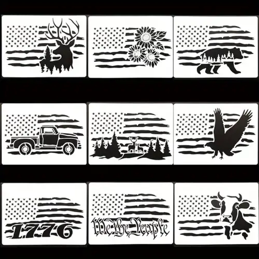 9 Pcs Patriotic American Flag Stencils Set - Plastic Deer, Bear, Cow, Sunflower, We The People & 1776 Painting Templates for Wood, Canvas, Walls & Fab
