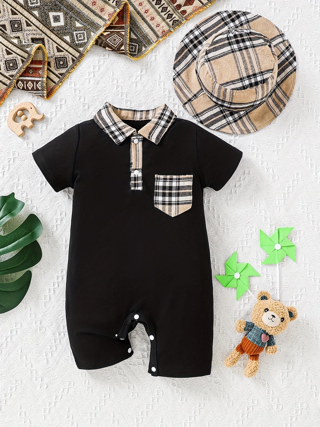 Infant Boys Summer Outfit - Black Checkered Collar Romper With Front Pocket + Matching Hat Set, Casual Style