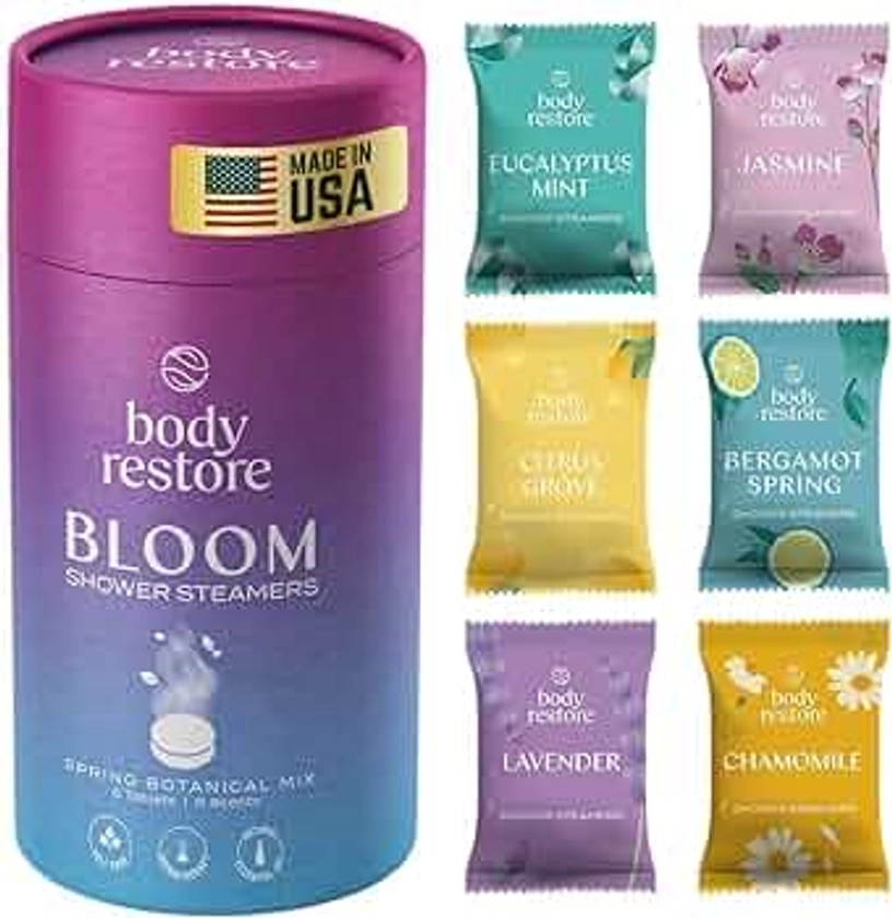 Body Restore Shower Steamers Aromatherapy 6 Pack - Relaxation Birthday Gifts for Women and Men, Travel Essentials, Stress Relief and Self Care - Bloom Variety Scent Shower Bombs