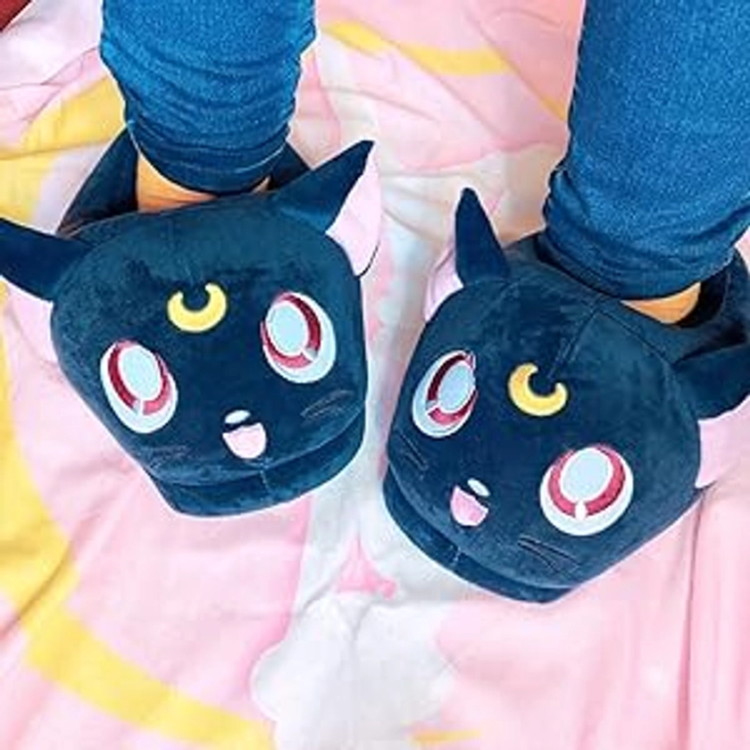 Glopastel Pantofole Cat Luna | Cute Anime Moon Fuzzy Slip-On Scarpe da casa | Taglia unica Adulti Donna Uomo (Blu)