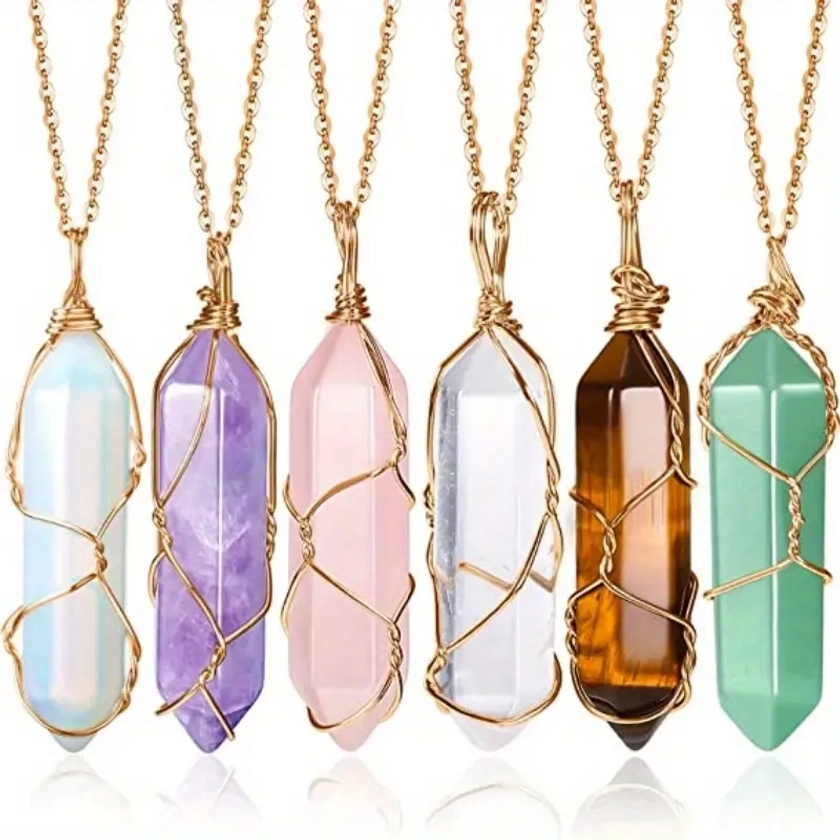 6pcs Crystal Pendant Necklaces For Women Girls, Stone Quartz Necklace Wire Wrapped Hexagonal Pendant