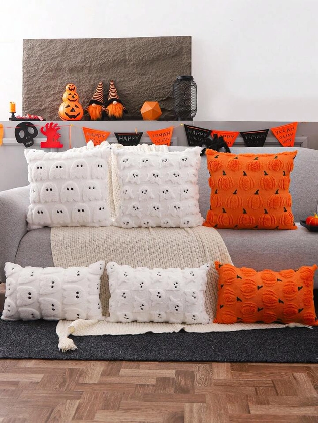 1 pieza Funda de almohada de peluche suave bordada con fantasma y calabaza de Halloween, para decoración del hogar de otoño/invierno