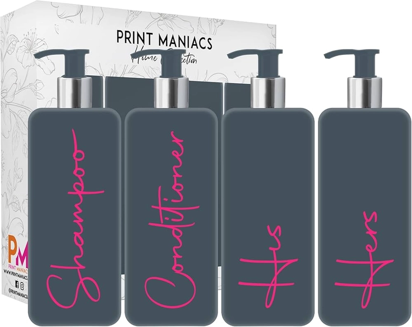 Print Maniacs Mrs Hinch Inspired Signature Grey 500ml Square Reusable Dispenser Bottle Silver Pump Personalised Bathroom Storage Toiletries Set F2 (Pink, Shamp, Con, His, Hers) : Amazon.co.uk: Home & Kitchen