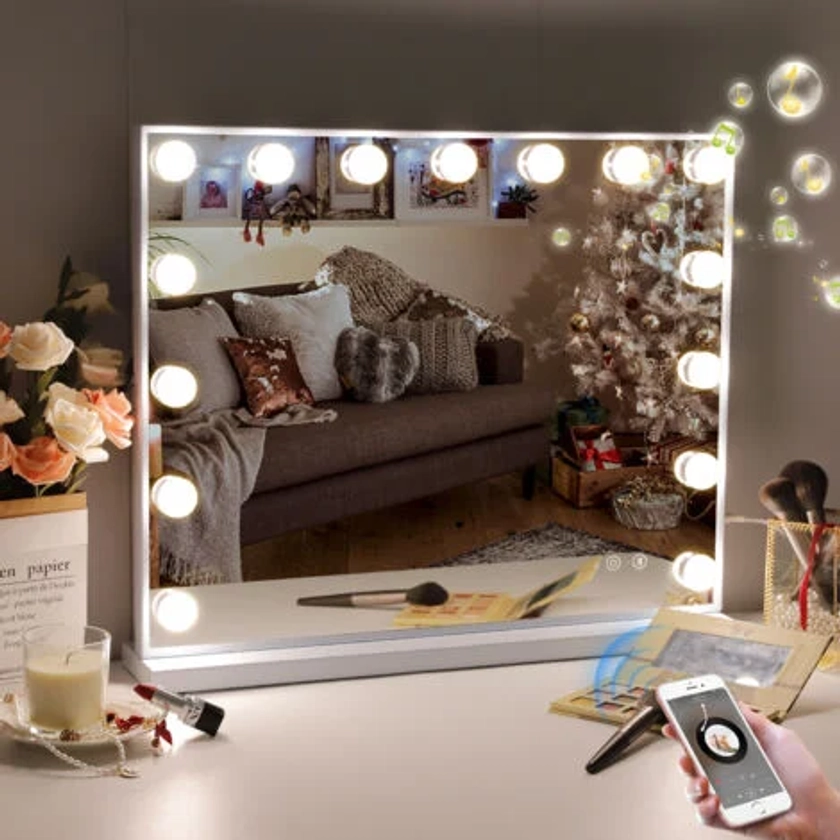 Miroir Hollywood avec lampe et Haut - parleur Bluetooth miroir de maquillage avec 15 ampoules LED dimmables dressing et chambre à coucher, bureau ou support mural blanc 58cm x 46cm FENCHILIN