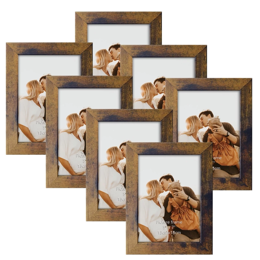 7 Pack 5x7 Picture Frames, Rustic Photo Frame Set for Wall or Tabletop Display, Brown