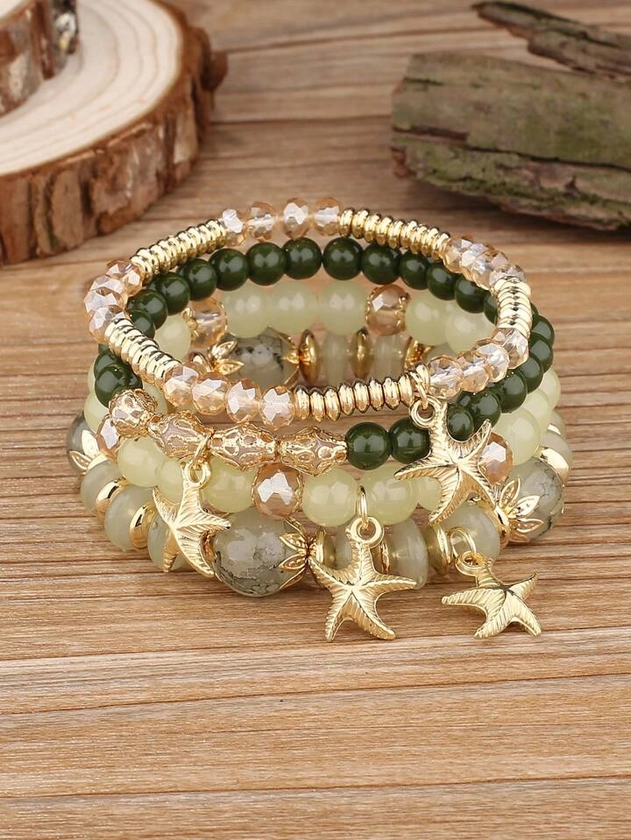 4pcs Bohemian Style Glass Crystal Bead & Starfish Pendant Bracelet For Women, Perfect For Beach Vacation