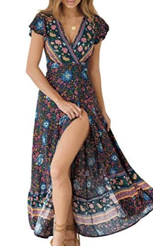 zesica - ZESICA Women's Bohemian Floral Printed Wrap V Neck Short Sleeve Split Beach Party Maxi Dress Navy