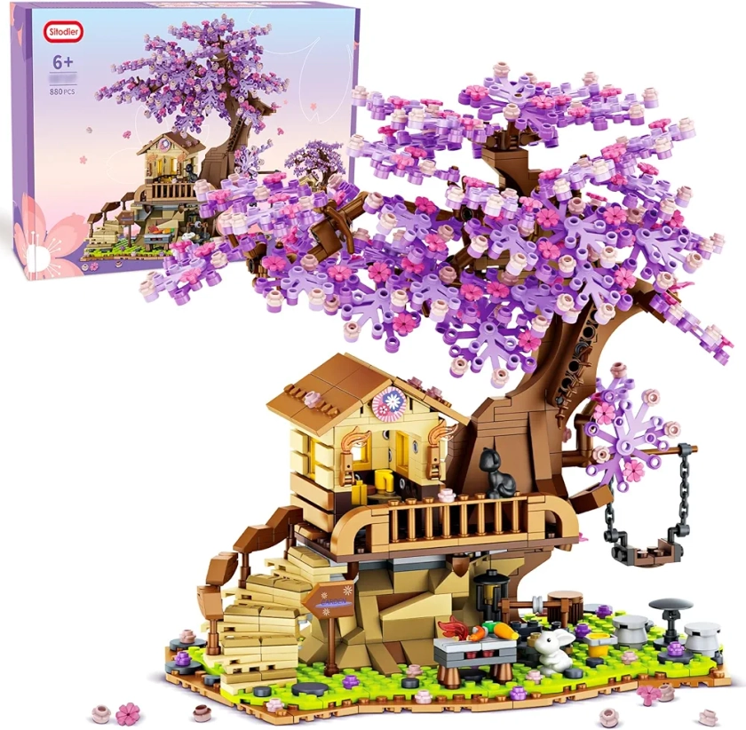 Jouet de construction pour la maison de l'arbre des cerisiers en fleurs avec lumière LED, 880pcs Bonsaï de fleurs de cerisier Jeu de construction de maison en fleurs pour les enfants de 6 à 12 ans