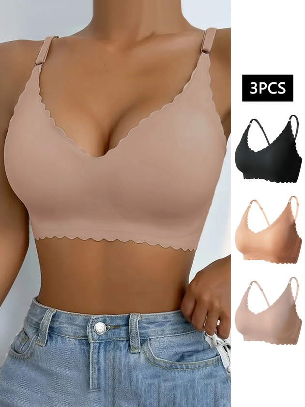 3pcs Simple Solid Seamless Scallop Trim Bra, Comfy &amp; Breathable Wireless Padded Bra, Women&#39;s Lingerie &amp; Underwear