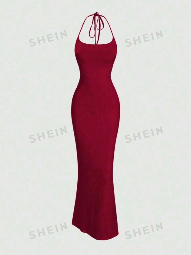 SHEIN MOD Women Solid Color Minimalist Halter Tie Neck Velvet Long Black Homecoming Dress