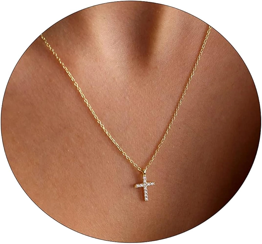 VIROMY Gold Cross Necklace for Women 14K Gold Plated Cute Sidways Cross Pendant Choker Necklaces Simple Trendy Everyday Jewelry for Women