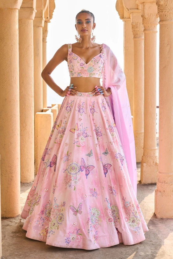 Buy Pink Velvet Embellished Floral Sweetheart Neck Mirror Lehenga Set For Women by LASHKARAA Online at Aza Fashions.