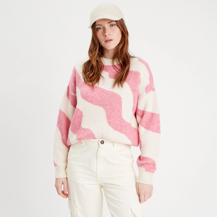 Pull oversize col rond blanc femme