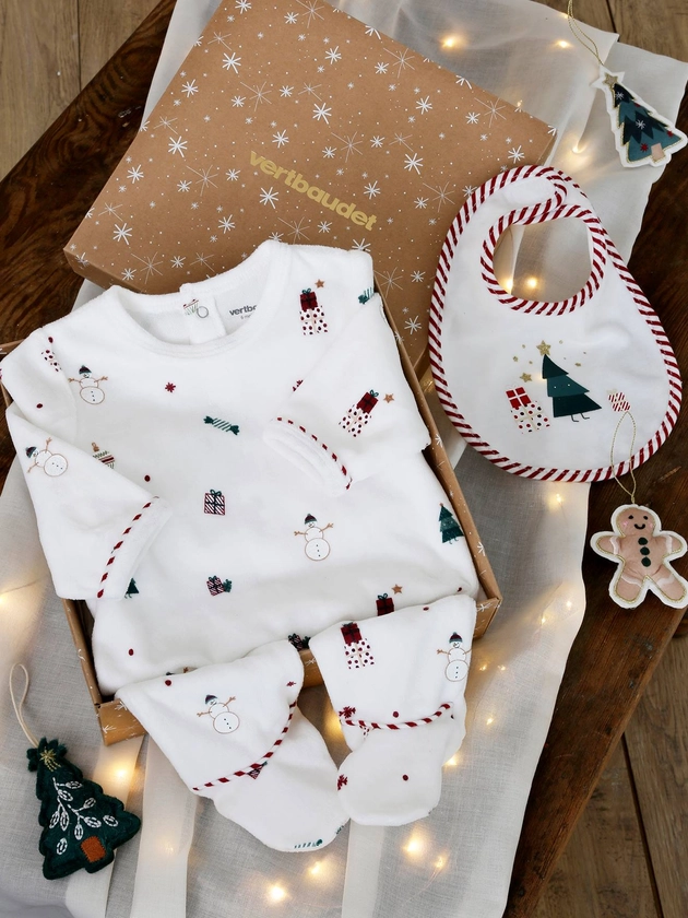 Coffret cadeau de Noël bébé dors-bien en velours + bavoir - écru, Bébé