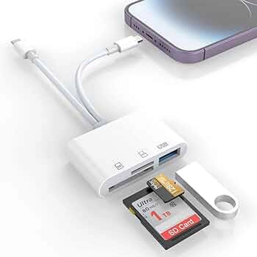 Lecteur de Carte SD pour iPhone/iPad, connecteur Lightning + USB C vers Lecteur de Carte SD/TF Adaptateur Lecteur de Carte mémoire pour Micro SDXC, SDHC, SDXC, Cartes SD, Disque USB, pour iPhone/iPad