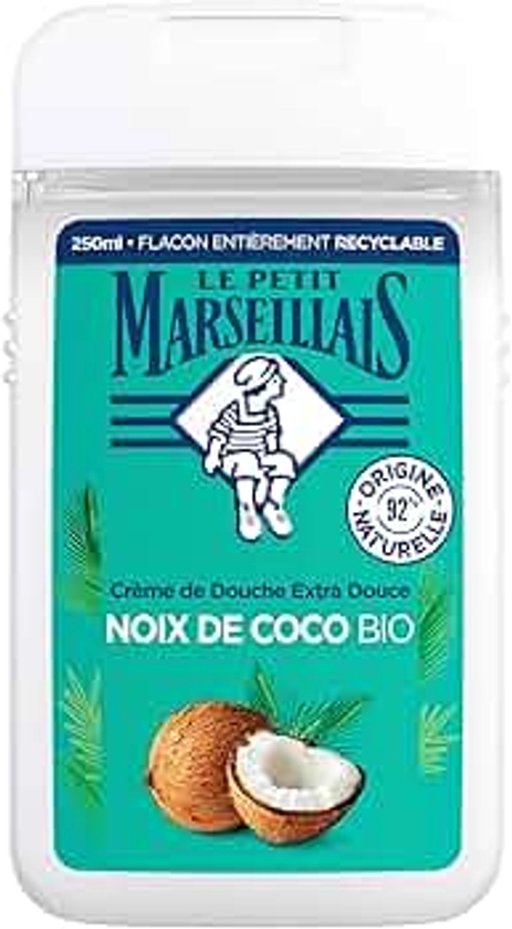 Le Petit Marseillais | Crème de Douche Extra Douce Noix de Coco Bio (flacon de 250 ml) – Gel douche avec 92 % d'ingrédients d'origine naturelle – pH neutre pour la peau et sans colorant