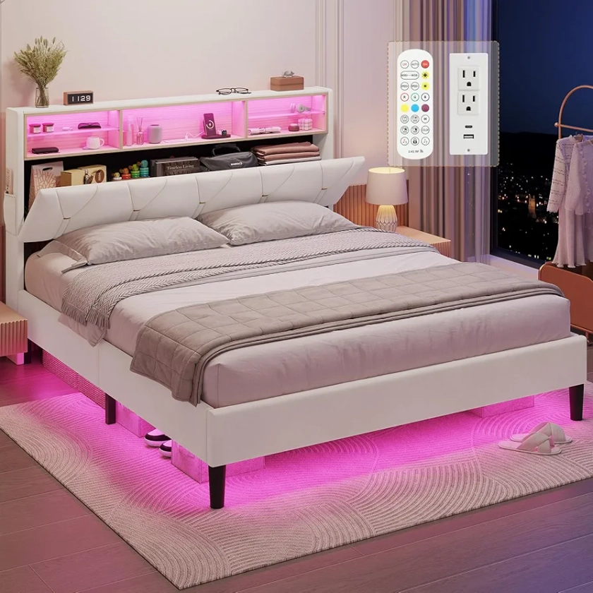 LED Full Bed Frame with Type-C & USB Charging Station, Full Size Bed Frame with Storage Headboard, Modern Velet Upholstered Platform Bed with Shelf Headboard, Noise-Free, Creamy White