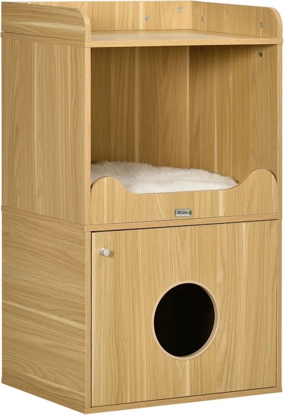 PawHut Maison de Toilette pour Chat, Meuble litière Chat, Armoire de Rangement, 3 Niveaux, Compartiment fermé par Une Porte, 1 Coussin, 60 x 45 x 103 cm