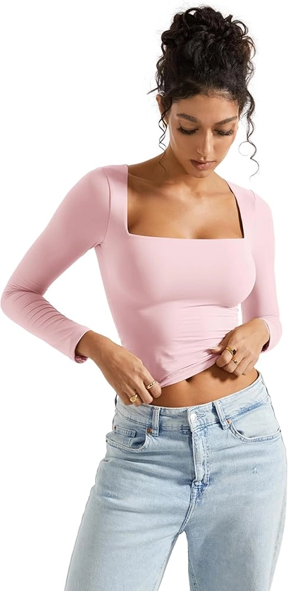 SUUKSESS Women Square Neck Long Sleeve Tops Double Lined Going Out Basic Full Length T Shirts (Pink,M) at Amazon Women’s Clothing store