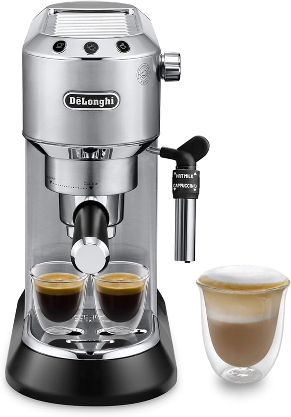 De'Longhi Dedica Style EC685.M, Machine à Expresso avec Buse à Mousse de Lait Professionnelle, Seulement 15 cm de Large, Réservoir de 1 L, Boîtier en Métal, Compatible avec les Dosettes E.S.E, Métal