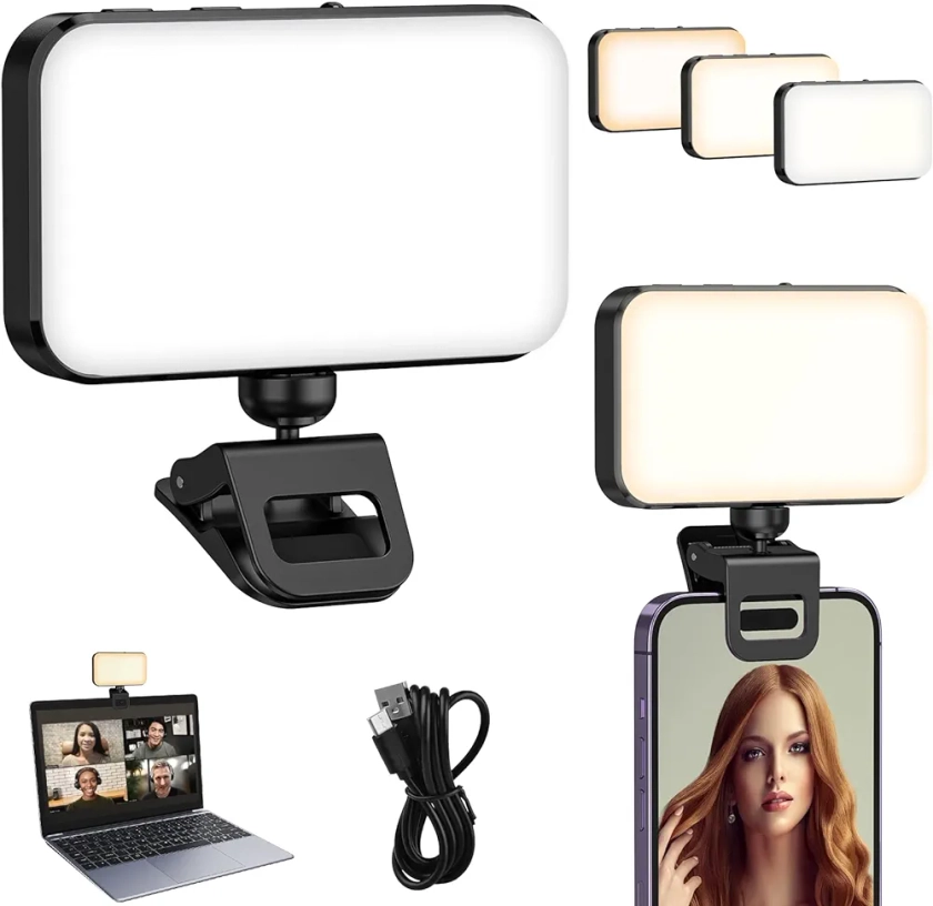 CAMOLO Video Conference Light, Video Light with Clip 3 Light Modes, 1000mAh Rotating Selfie Light for Mobile Phone/Laptop/Monitor, for Zoom, Live Streaming, Selfies, Video Conference, Makeup
