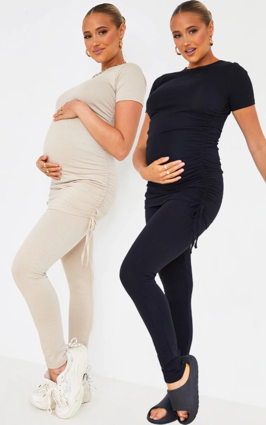 Maternity Stone Black Two Pack Ruched Leggings