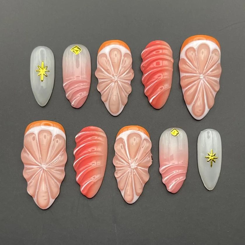 Pink Orange Fruit Press On Nails - Cute Summer Spring Handmade Reusable Fingernails - Custom Gel Acrylic Fake Nails - Glue on Nails