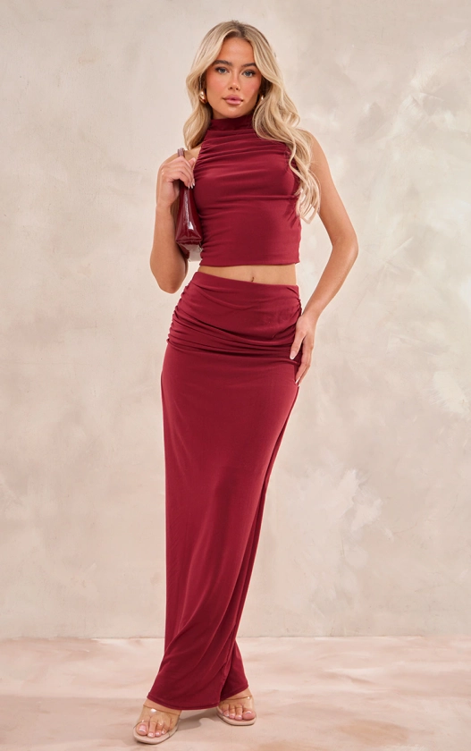 Cherry Red Soft Touch Ruched Back Maxi Skirt