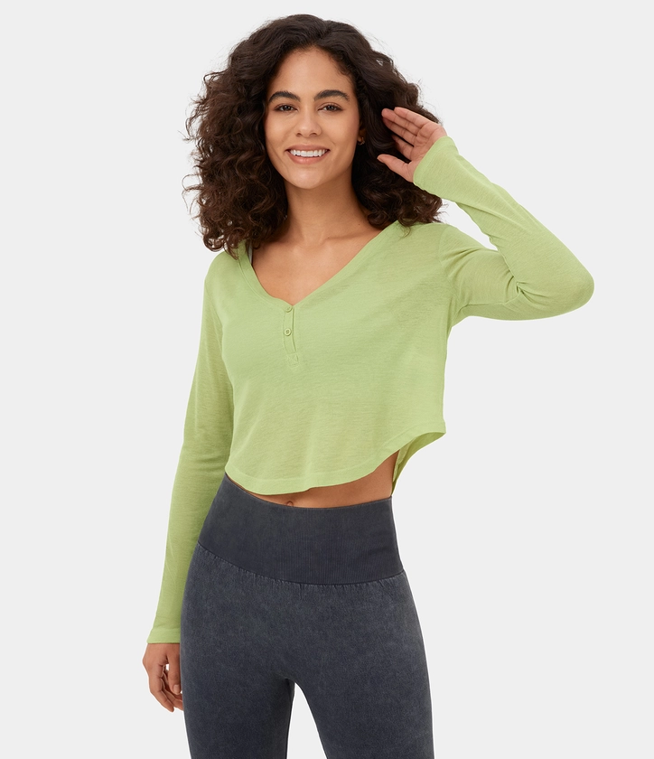 Women’s V Neck Button Long Sleeve Curved Hem Cropped Casual Sports Top - Halara 