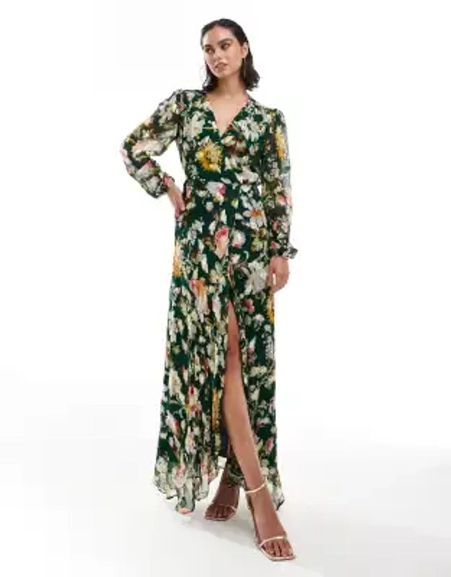 Hope & Ivy - Robe portefeuille longue avec imprimé fleuri et taches dorées - Vert foncé