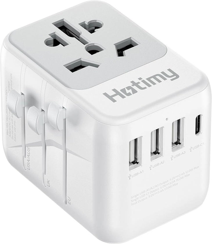 Universal Travel Adapter with USB C, Hotimy Travel Plug Adapter Worldwide with 1 USB C and 3 USB A, International Travel Adapter Dual 10A Fuses All in One Universal Plug Adaptor for US EU AU UK