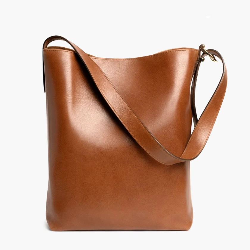 Women’s Leather Bucket Bag in Tan 'Saddle' - Thursday