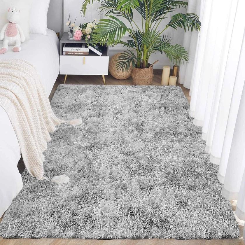 ASIinnsy Tapis Salon Shaggy Poil Long Tapis Chambre Doux Moelleux Moderne Gris Grand Tapis de Salon Chambre d'enfant Tapis Antidérapant Intérieur Tapis De Sol (Gris Blanc, 80 x 200 cm)