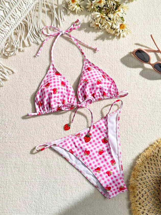 SHEIN Swim Mod Women'S Gingham Strawberry Print Swimsuit Set