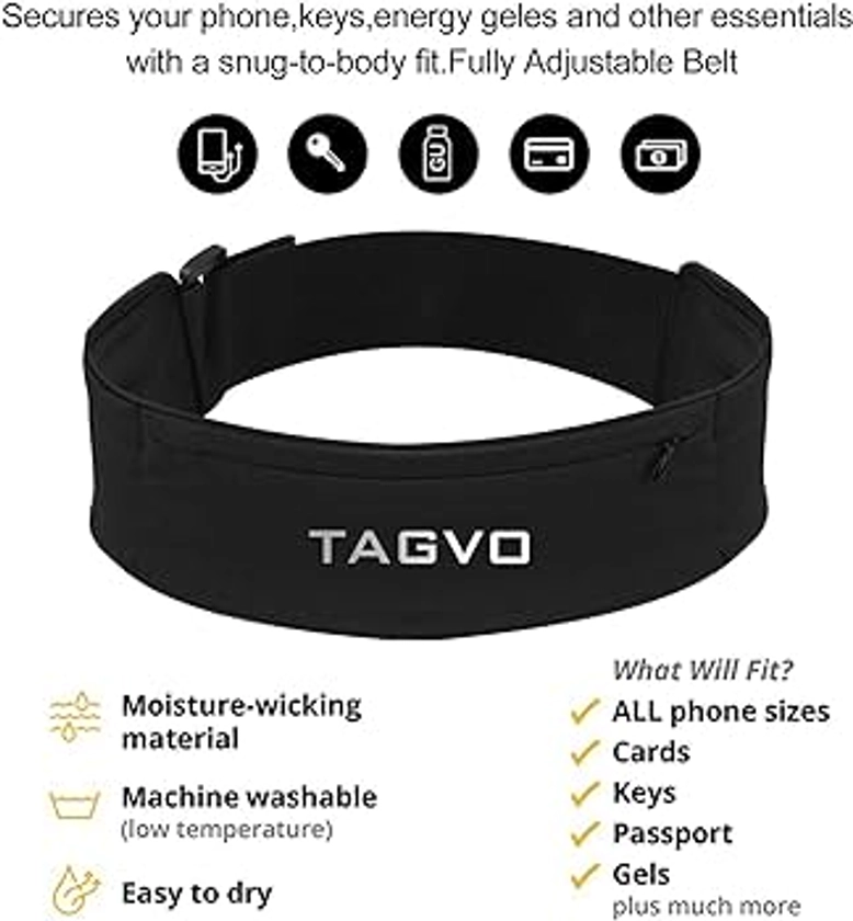 TAGVO Running Waist Belt，Fully Adjustable & Comfortable with Key Clip Waist bag Fits all iPhone's, Samsung, For Men, Women, Runners, Jogging, Gym, Yoga, Workout, Sports