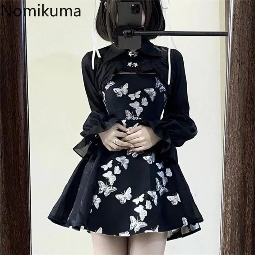 Conjunto de dos piezas para mujer, Top corto de manga larga con volantes, minivestido acampanado de mariposa, traje negro para verano - AliExpress