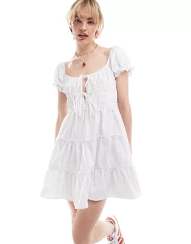 Glamorous tie-detail tiered mini dress in white | ASOS