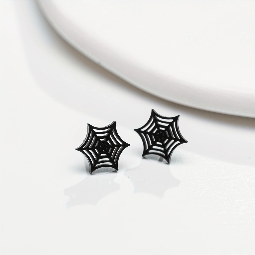 1pair Cartoon Spider Web Stainless Steel Stud Earrings, Punk Black Spider Bat Earrings Halloween Piercing For Men