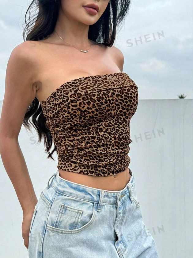 SHEIN EZwear Leopard Print Knit Tight-Fitting Tube Top | SHEIN USA