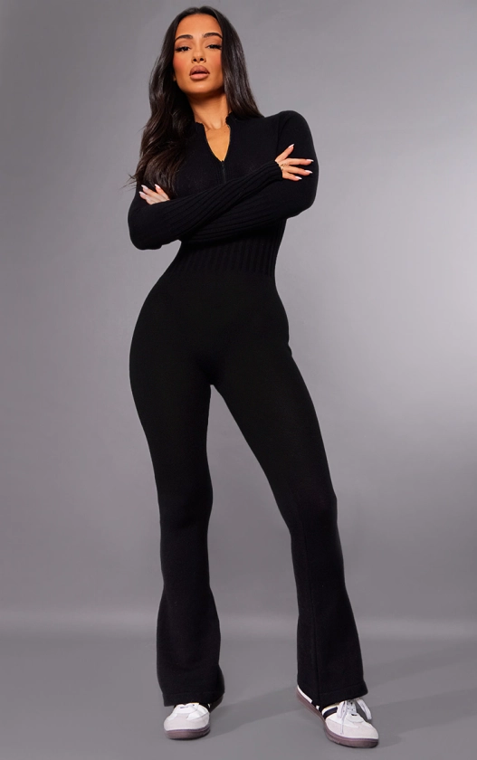 Petite Black Knitted Flared Zip Up Jumpsuit