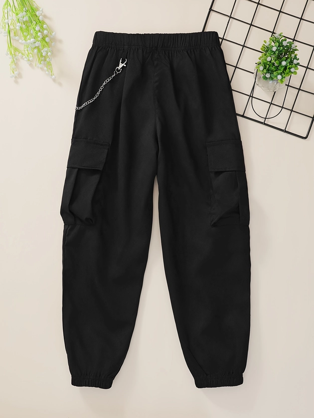 Boys Casual Loose Cargo Pants With Chain Decor, Elastic Waist Jogger Pants With Pocket, Kids Clothes Outdoor