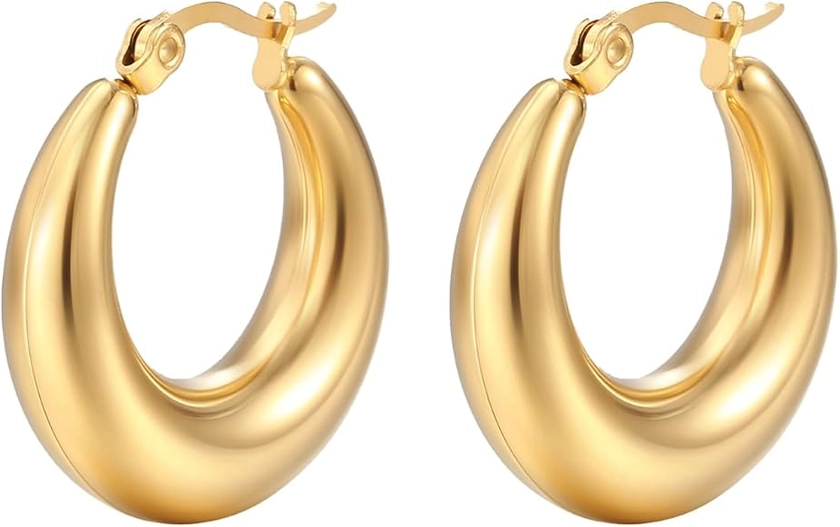 Funte® Chunky Gold Hoop Earrings For Women 18k Gold Plated Earrings Hypoallergenic Sterling Silver hoop earrings Lightweight Gold Hoop Earrings with Sterling Silver Post For Women Girls(Gold/Sliver)
