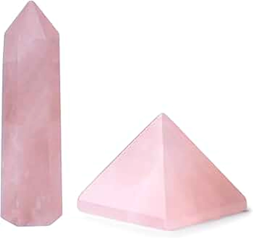 ZHIYUXI 3.7-4" Rose Quartz Crystals and Healing Stones 1pc Pink Gemstones Hexagonal Pointed Crystal Wand and Rose Quartz Crystal Pyramid 1.5" Healing Crystals Reiki Meditation