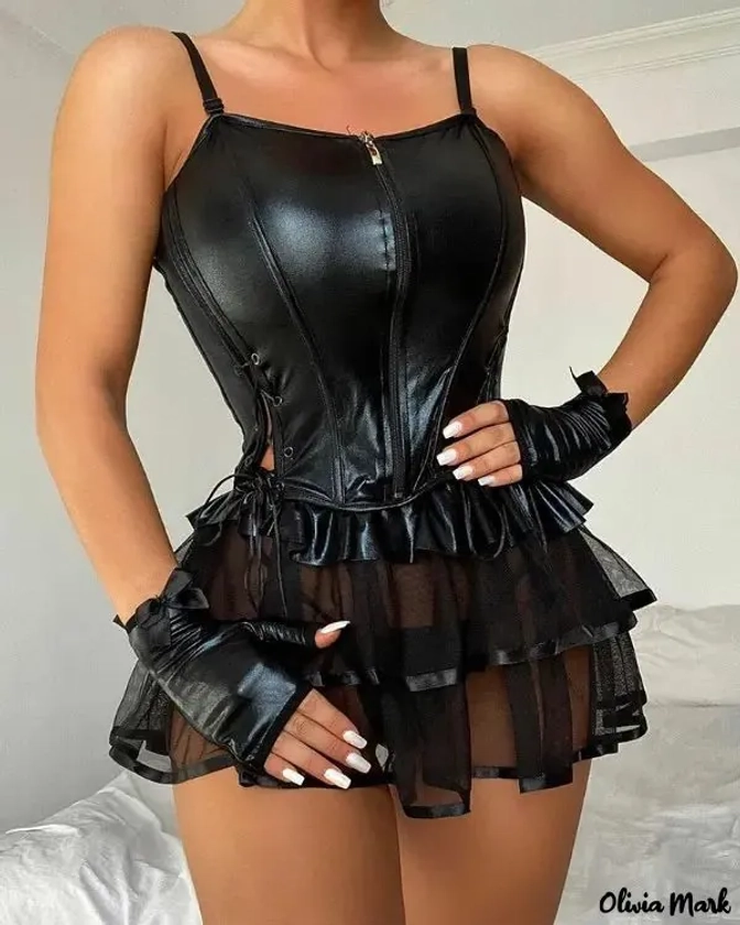 Olivia Mark - PU Leather Contrast Mesh Lace Up Bustier Set With Gloves